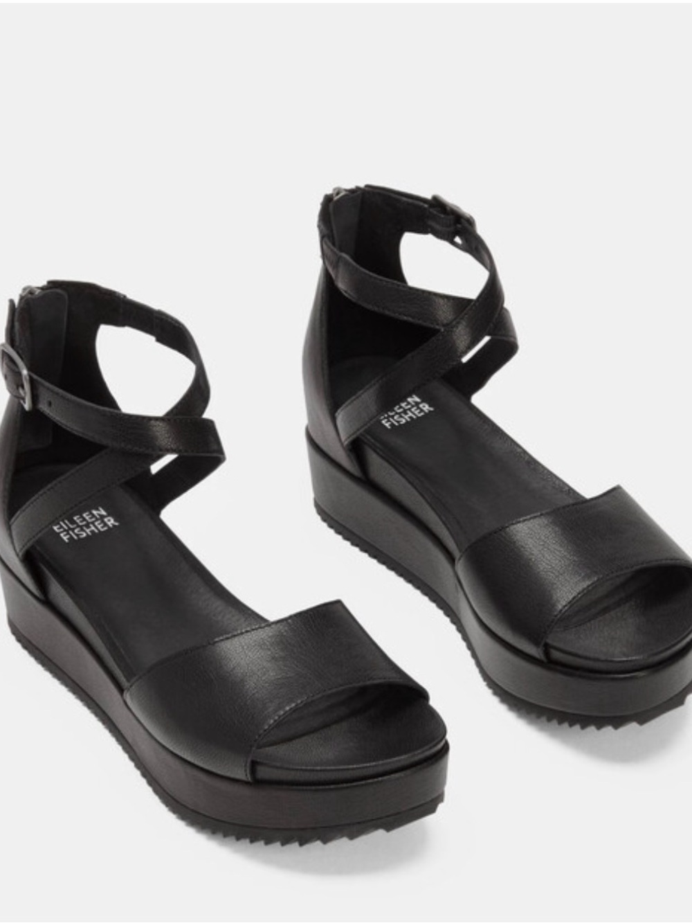 Eileen Fisher Black Leather Cross-Strap Platform Sandal